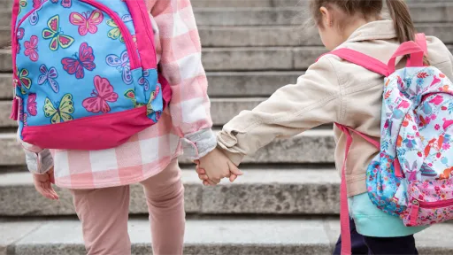 Two Girls Holding Hands Walking upstairs